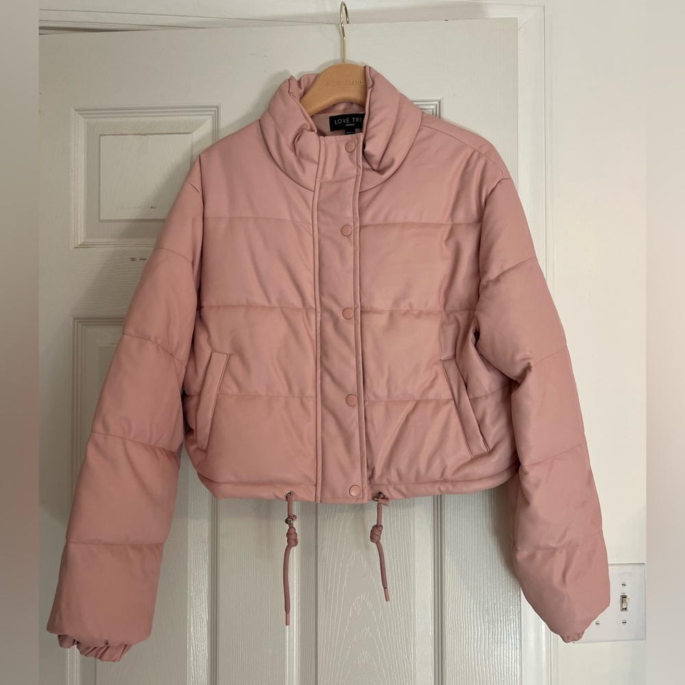 Love Tree Cropped Pink Faux Leather Bomber